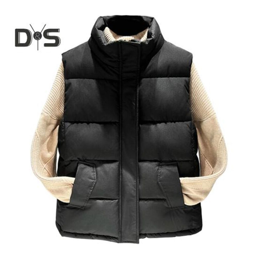 (black, L) Women Winter Coat With Pockets Zip-up Closure Padded Stand Collar Sleeveless Solid Color Outdoor Leisure Sports Down Waistcoat