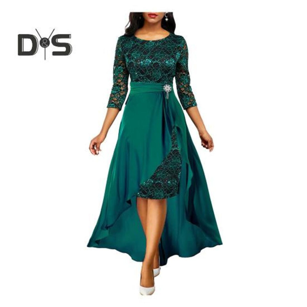 (green, M) 2 Pcs/set Women Prom Dress Skirt Set Hollow Out Lace Ruffle Hem High Waist Round Neck Three Quarter Sleeve Ankle Length Banquet Maxi Dress