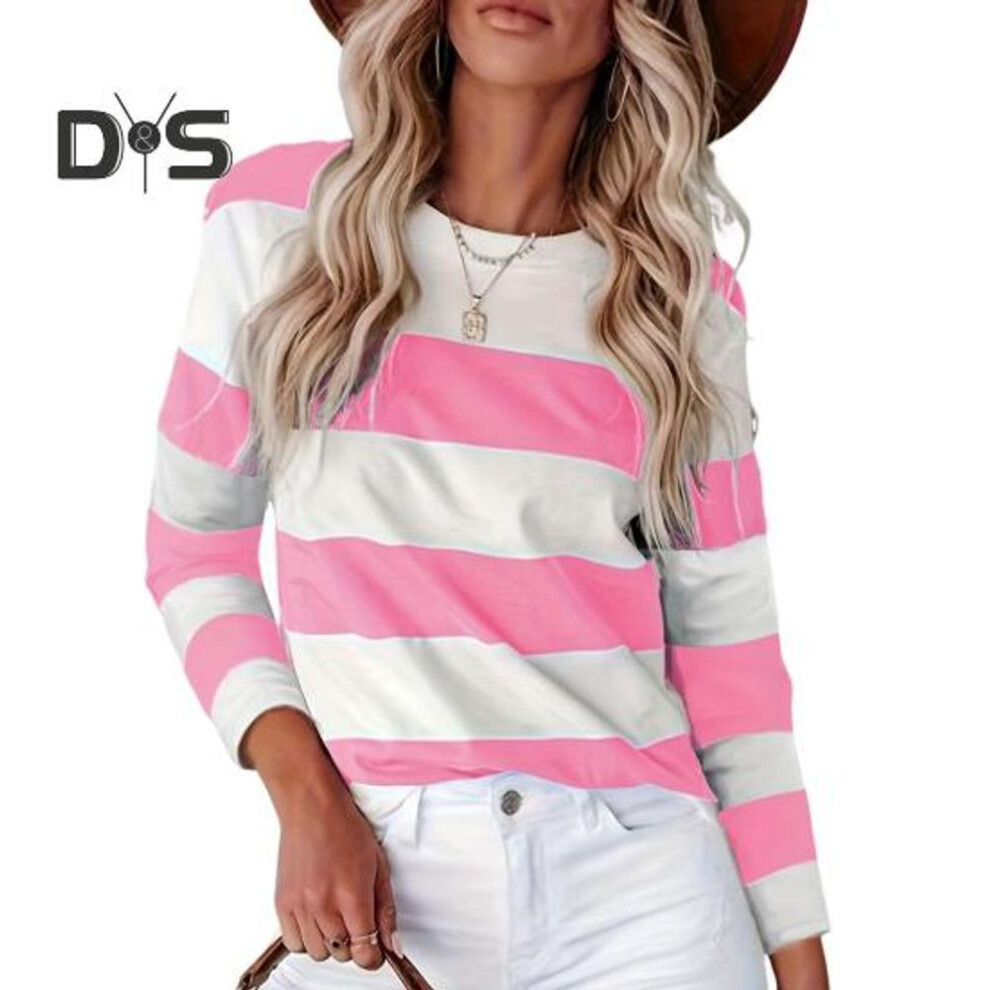 (L, pink) Women Pullover Tops Color Block Striped Print Round Neck Long Sleeve Sweatshirt Casual Blouse Daily Wear