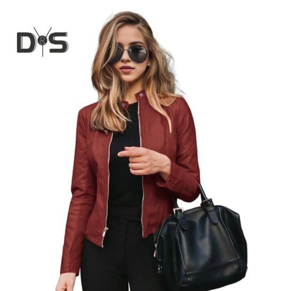 (wine red, L) Wmen Faux Leather Coat Zipper Closure Cardigan Smooth Surface Solid Color Long Sleeves Slim Fit Jacket Daily Commuting School Work Outerwear