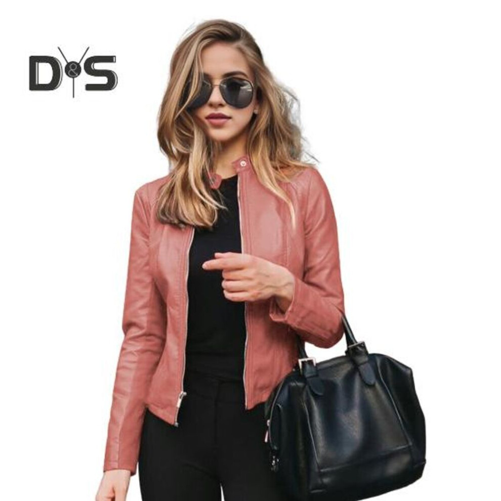 (pink, XL) Wmen Faux Leather Coat Zipper Closure Cardigan Smooth Surface Solid Color Long Sleeves Slim Fit Jacket Daily Commuting School Work Outerwear