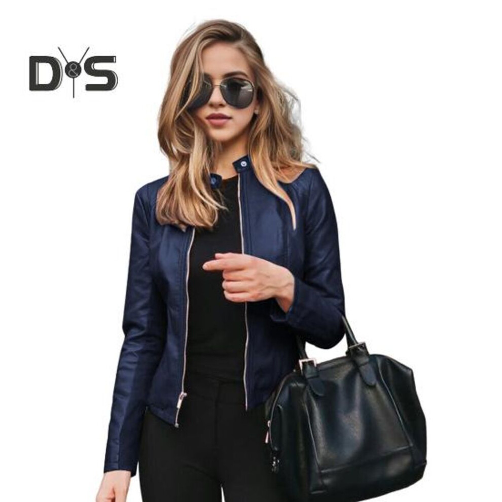 (navy blue, S) Wmen Faux Leather Coat Zipper Closure Cardigan Smooth Surface Solid Color Long Sleeves Slim Fit Jacket Daily Commuting School Work Outerwear