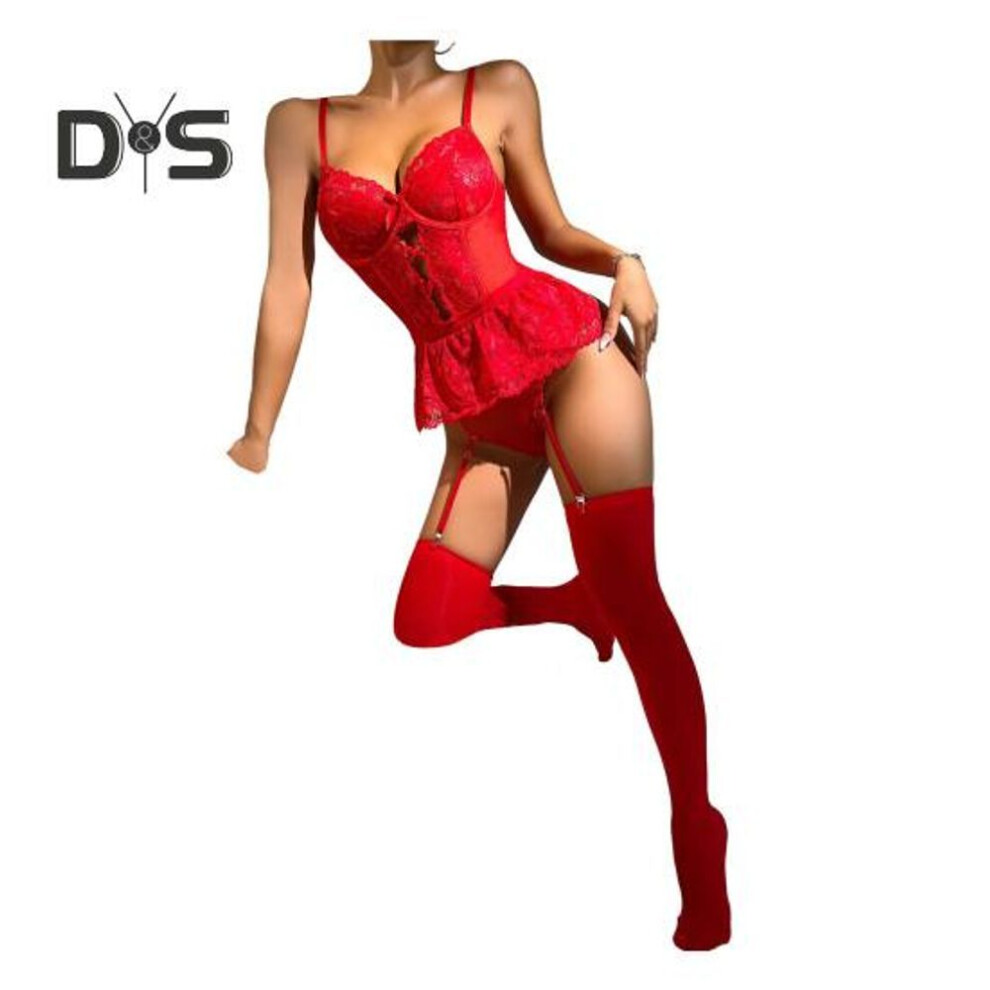 (red, M) Women Sexy Deep V Sling Bodysuit See Through Heart Lace High Elasticity Romper Solid Color Shaping One Piece Underwear With Underwire