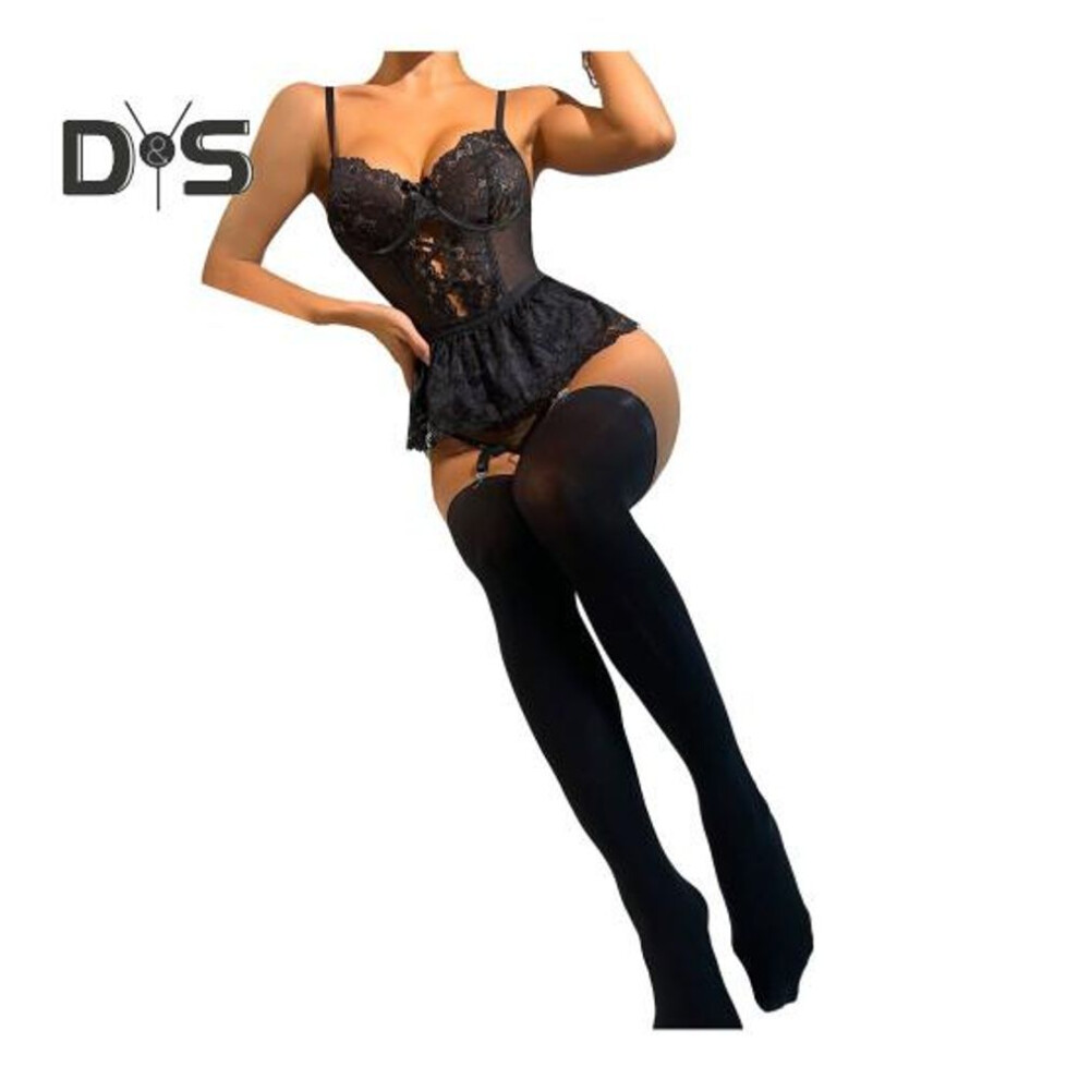 (black, M) Women Sexy Deep V Sling Bodysuit See Through Heart Lace High Elasticity Romper Solid Color Shaping One Piece Underwear With Underwire