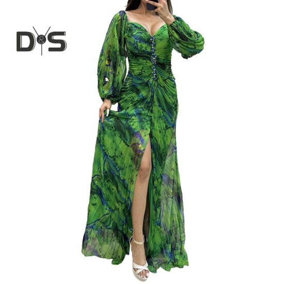 (green, M) Women Evening Dress Off Shoulder Rhinestone Decor Pleated Long Lantern Sleeve Split Hem Loose High Waist Printed Floor Length Prom Banquet Party Maxi