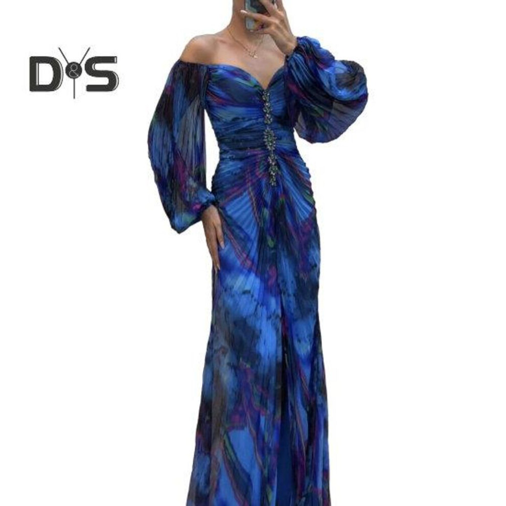 (blue, XL) Women Evening Dress Off Shoulder Rhinestone Decor Pleated Long Lantern Sleeve Split Hem Loose High Waist Printed Floor Length Prom Banquet Party Maxi