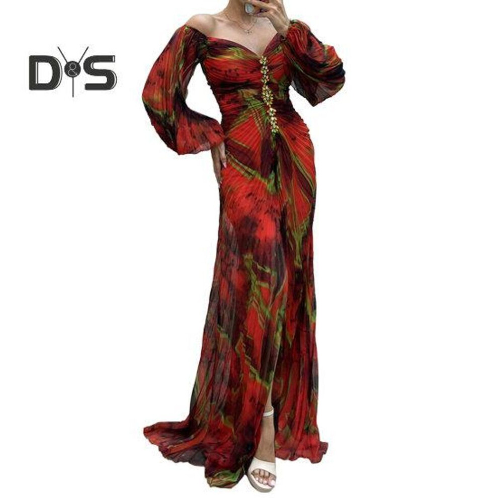 (wine red, M) Women Evening Dress Off Shoulder Rhinestone Decor Pleated Long Lantern Sleeve Split Hem Loose High Waist Printed Floor Length Prom Banquet Party Maxi