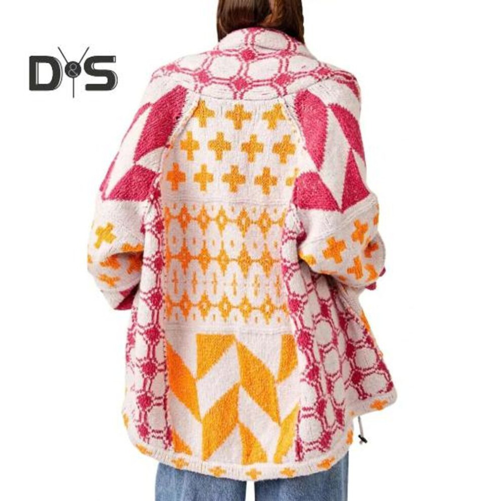 (rose red) Cardigan Sweater With Adjustable Drawstring Hem Lapel Long Sleeve Graphic Print Loose Fit Oversized Shawl Cardigan