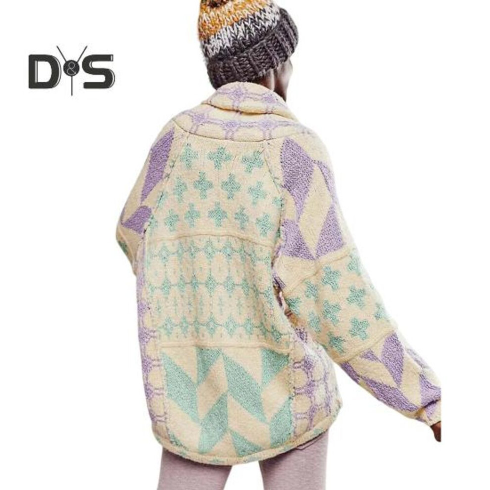 (light purple) Cardigan Sweater With Adjustable Drawstring Hem Lapel Long Sleeve Graphic Print Loose Fit Oversized Shawl Cardigan