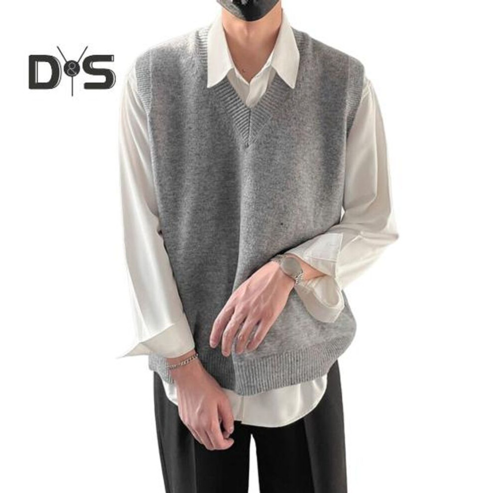 (grey, L) Men's Knit Sweater Vest V-Neck Sleeveless Pullover Sweater Casual Loose Fit Vest for Daily Wear Business Attire