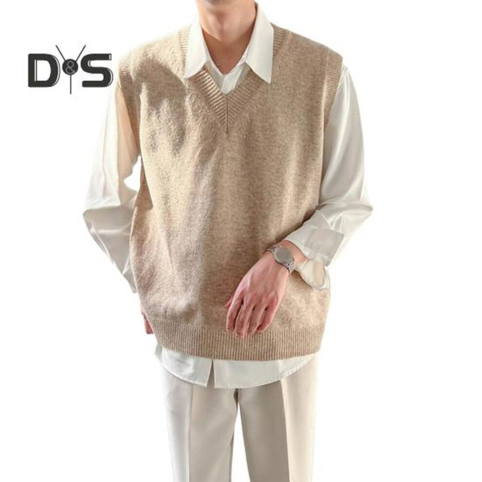 (khaki, L) Men's Knit Sweater Vest V-Neck Sleeveless Pullover Sweater Casual Loose Fit Vest for Daily Wear Business Attire