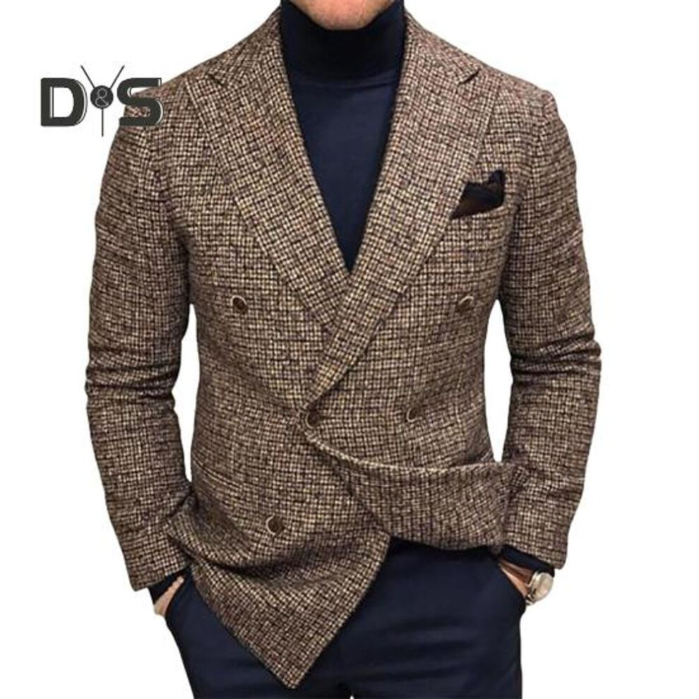 (S, brown) Men Suit Coat Lapel Long Sleeve Single-Breasted Closure Suit Jacket with Pockets Slim Fit Business Workwear