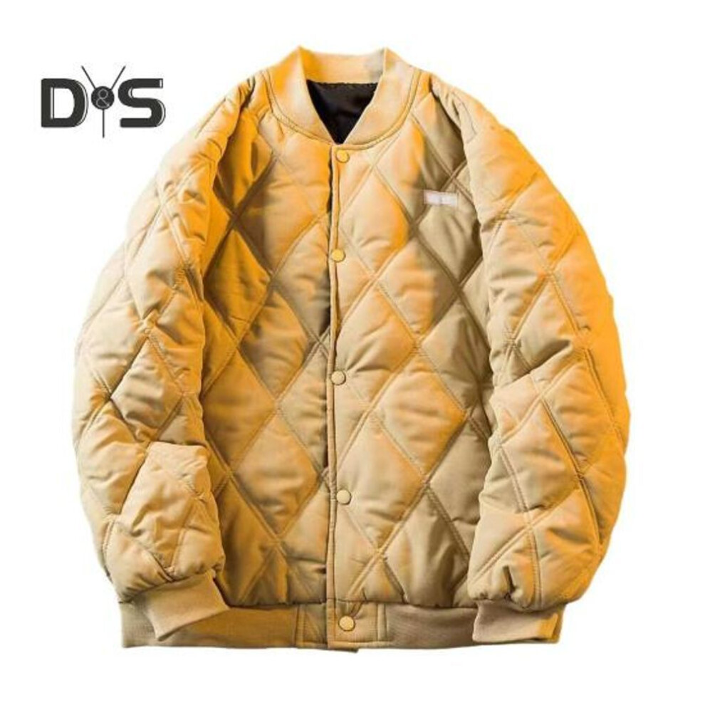 (khaki, M) Men's Bomber Jacket Quilted Varsity Baseball Jacket Winter Warm Padded Coat Casual Loose Fit Outwear for Daily Street Work