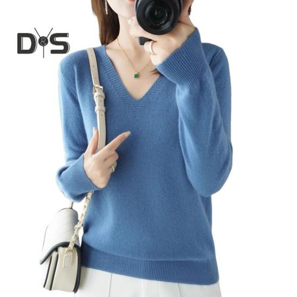 (L, blue) Women Sweater V-Neck Long Sleeve Solid Color Knit Tops Regular Fit Elastic Jumper Tops Elastic Knitwear