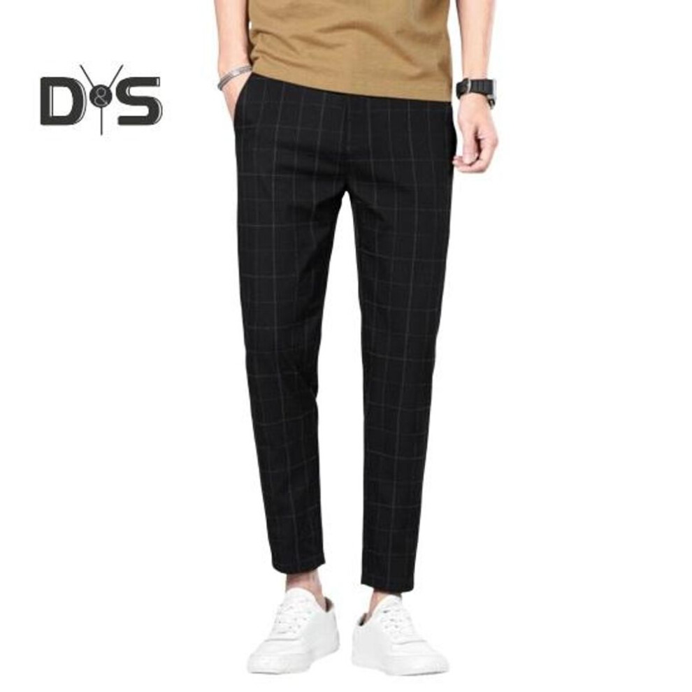 (black, 2XL) Men Ninth Pants Straight Plaid Print Side Pockets Thin Stretchy Slim Fit Button Zipper Closure Casual Formal Business Trousers