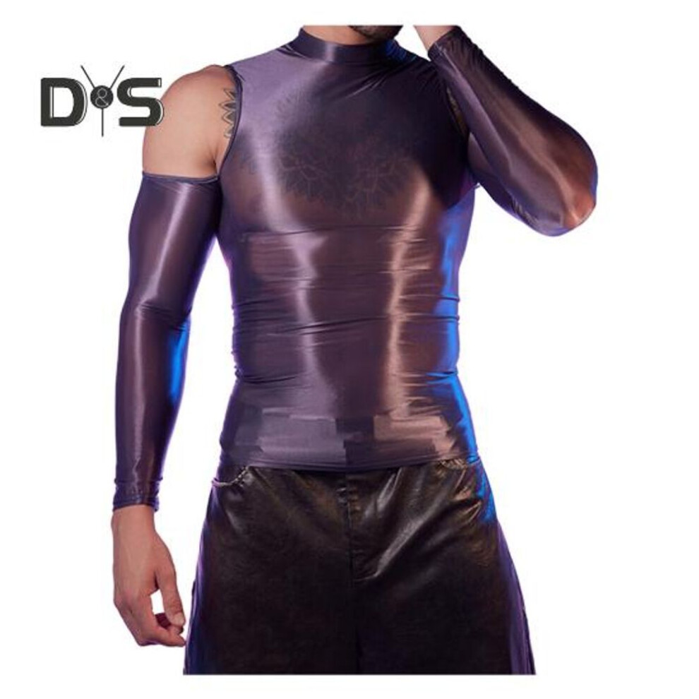 (dark gray) Sexy Men Glossy Shiny T-Shirt Smooth Breathable Top High Elastic Transparent See-Through Nightclub Skinny Tops