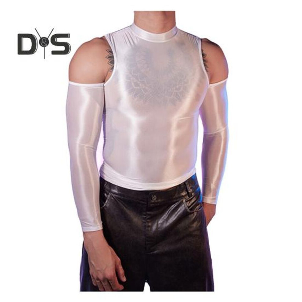(white) Sexy Men Glossy Shiny T-shirt Smooth Breathable Top High Elastic Transparent See-through Nightclub Skinny Tops