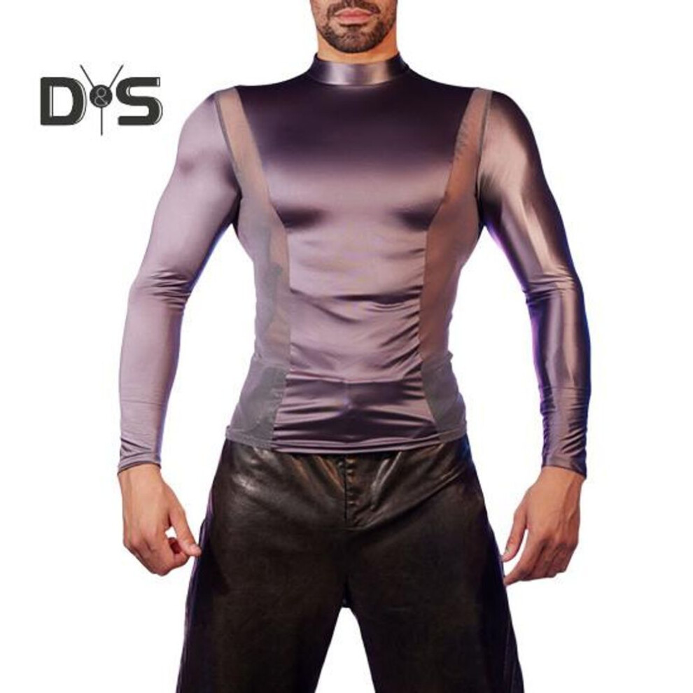 (dark gray) Men Sexy Mesh T-shirt Oil Glossy Shiny Top Patchwork Tight-fit Top Breathable Long Sleeve Shirt Elastic Skinny Jacket For Daily Party Club