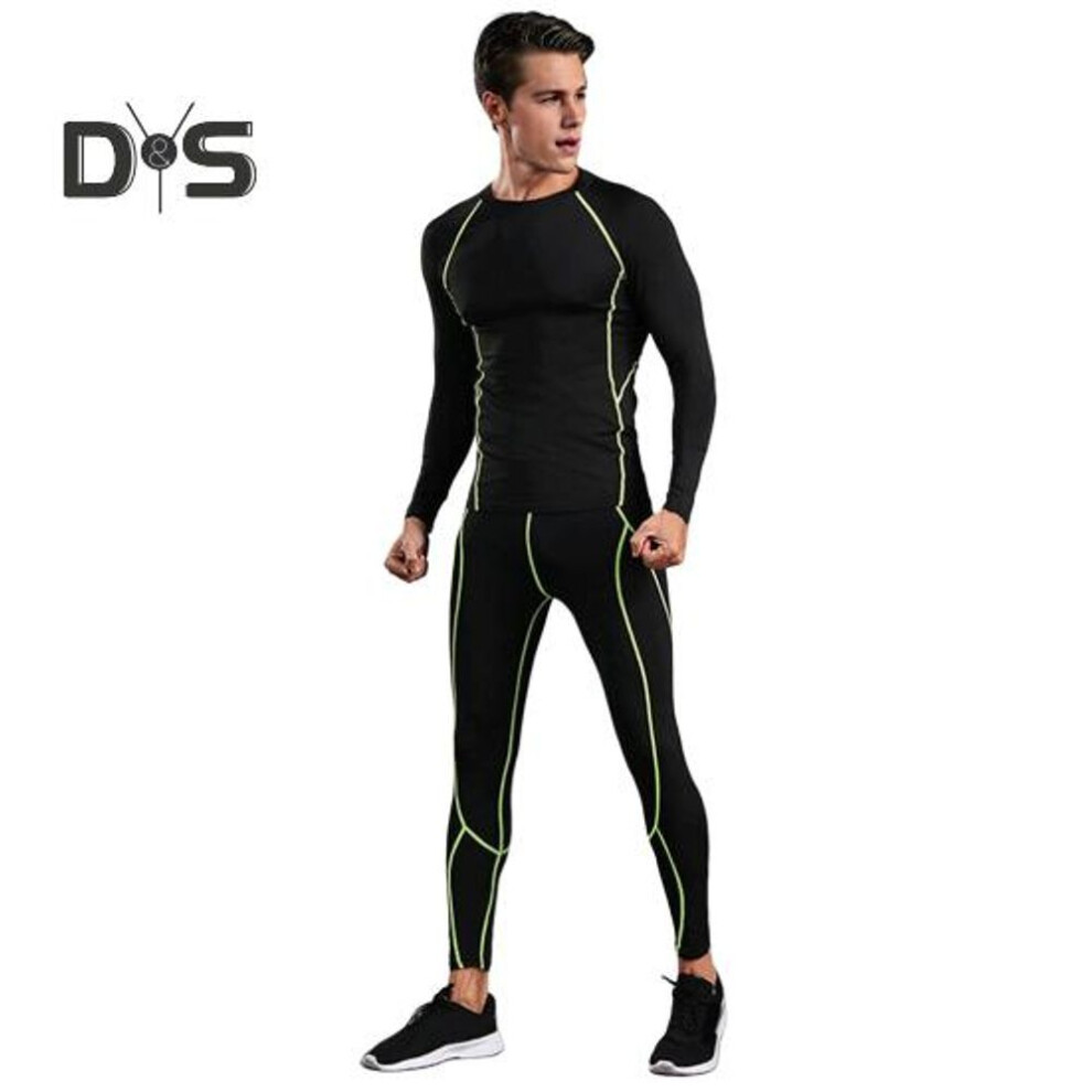 (green, L) 2Pcs/Set Men Gym Suit O-Neck Long Sleeve Tops Long Pants Set Striped Print Skinny Quick Drying Gym Outfit