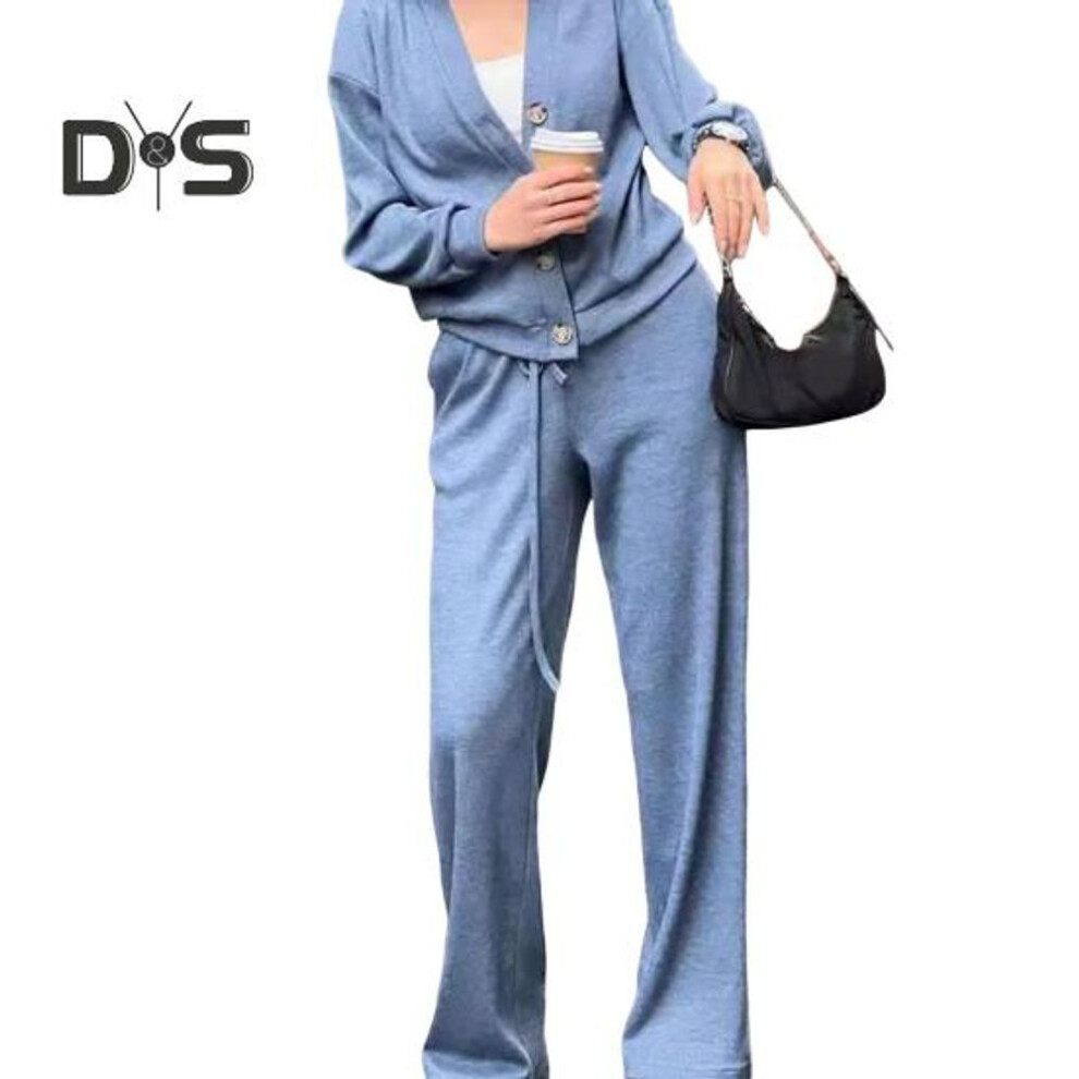 (royal blue, XL) 2 Pcs/set Women Shirt Pants Set V Neck Single-breasted Long Sleeves Knitted Loose Top Drawstring Elastic Waist Wide Leg Trousers Sport Tracksuit