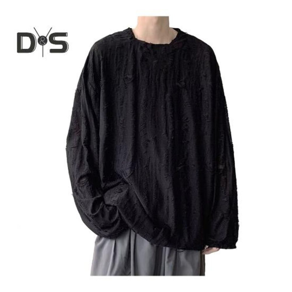 (black, 3XL) Men T-shirt Round Neck Long Sleeve Ripped Holes Solid Color Jumper Tops Street Style Base Layer Tops Streetwear