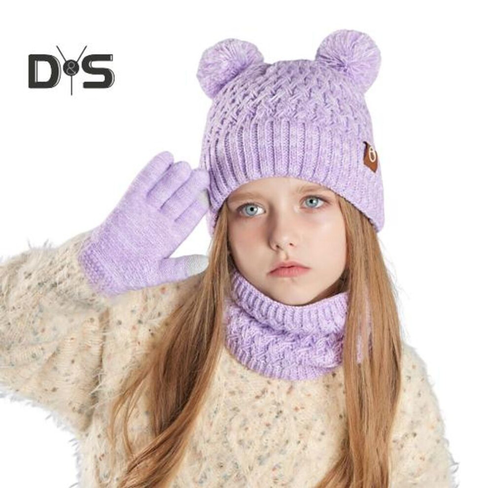 (purple) Kids Winter Hat Gloves Scarf Set Cold Weather Knitted Bear Hat With Pom Fleece Lined Neck Warmer Mitten Set For Girls Boys Ages 4-10 Outdoor