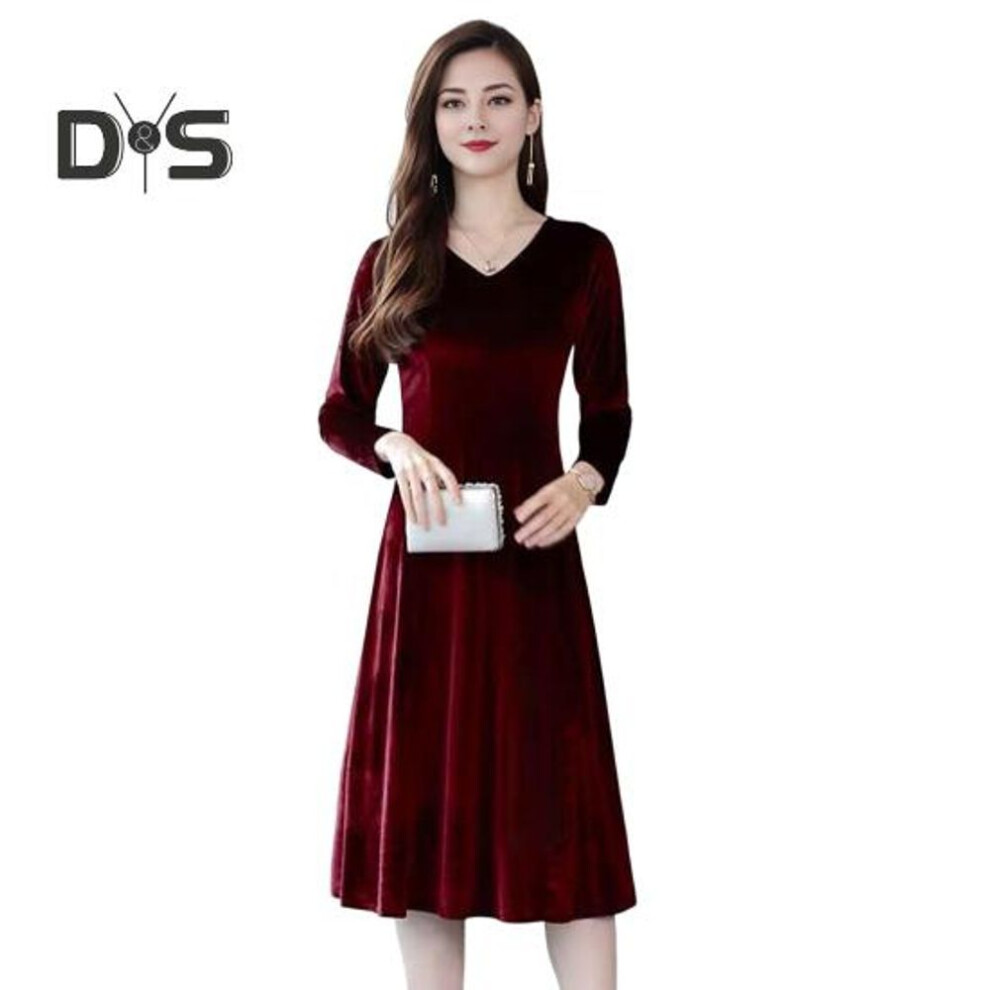 (wine red, 3XL) Women Velvet Dress Autumn Winter Solid Color V-neck Dress Medium Length A-line Dress For Wedding Bridesmaid Party Daily Wear