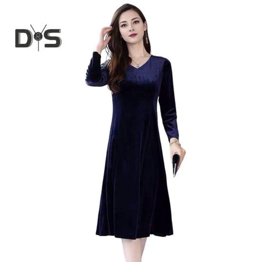 (blue, XL) Women Velvet Dress Autumn Winter Solid Color V-neck Dress Medium Length A-line Dress For Wedding Bridesmaid Party Daily Wear