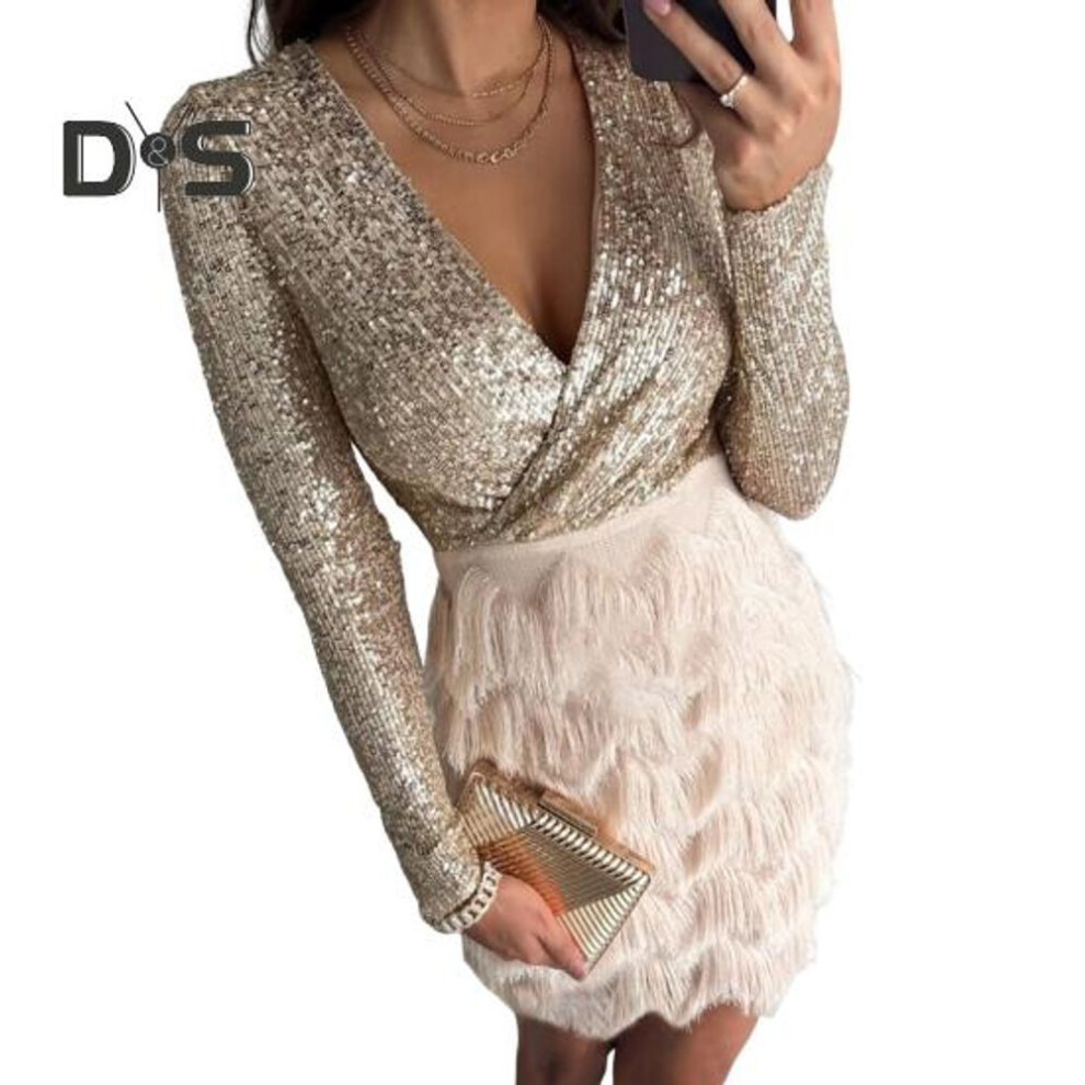 (champagne, M) Women Glitter Sequin Party Dress Long Sleeve Deep V-Neck Corset Mini Dress Fall Winter Cocktail Gala Dress for Party Prom Night Club