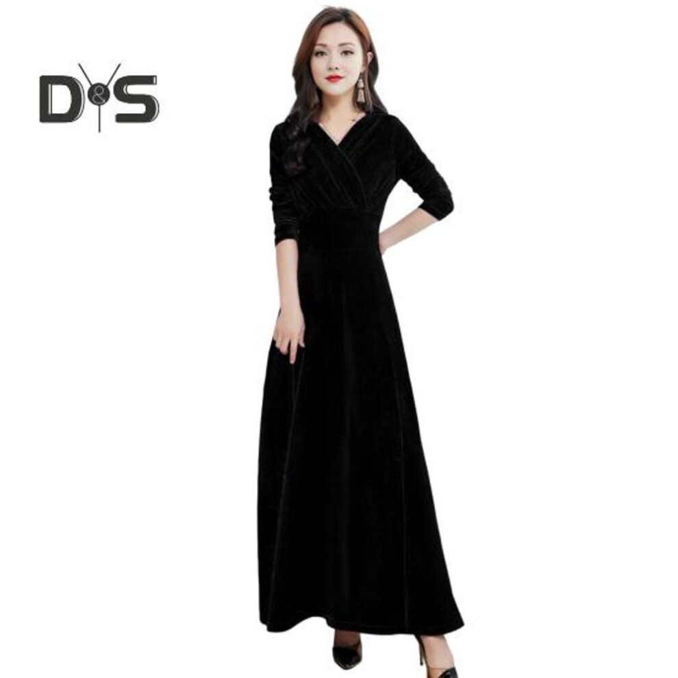 (black, XL) Velvet Maxi Dress For Women V Neck Party Ankle-length Long Dress A-line Solid Color Evening Gown For Wedding Cocktail Party