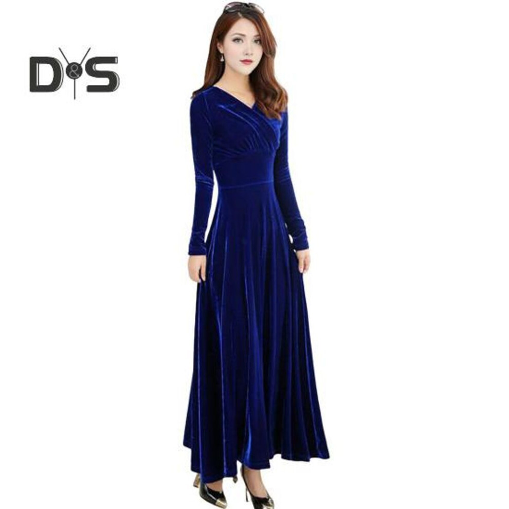 (blue, 3XL) Velvet Maxi Dress for Women V Neck Party Ankle-length Long Dress A-Line Solid Color Evening Gown for Wedding Cocktail Party