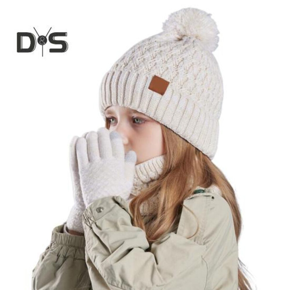 (beige) Kids Winter Hat Gloves Scarf Set Girls Boys Knit Hat With Pom Neck Warmer Mittens Set Toddlers Cold Weather Accessories For Kids 4-10 Years
