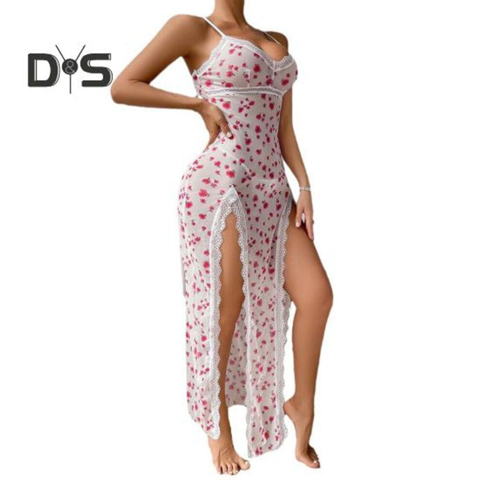 (white, L) Womens Sexy Nightgowns Cherry Print Lace Trim Deep V Neck Chemise Sleepwear Sheer See Through Side Slit Nightwear