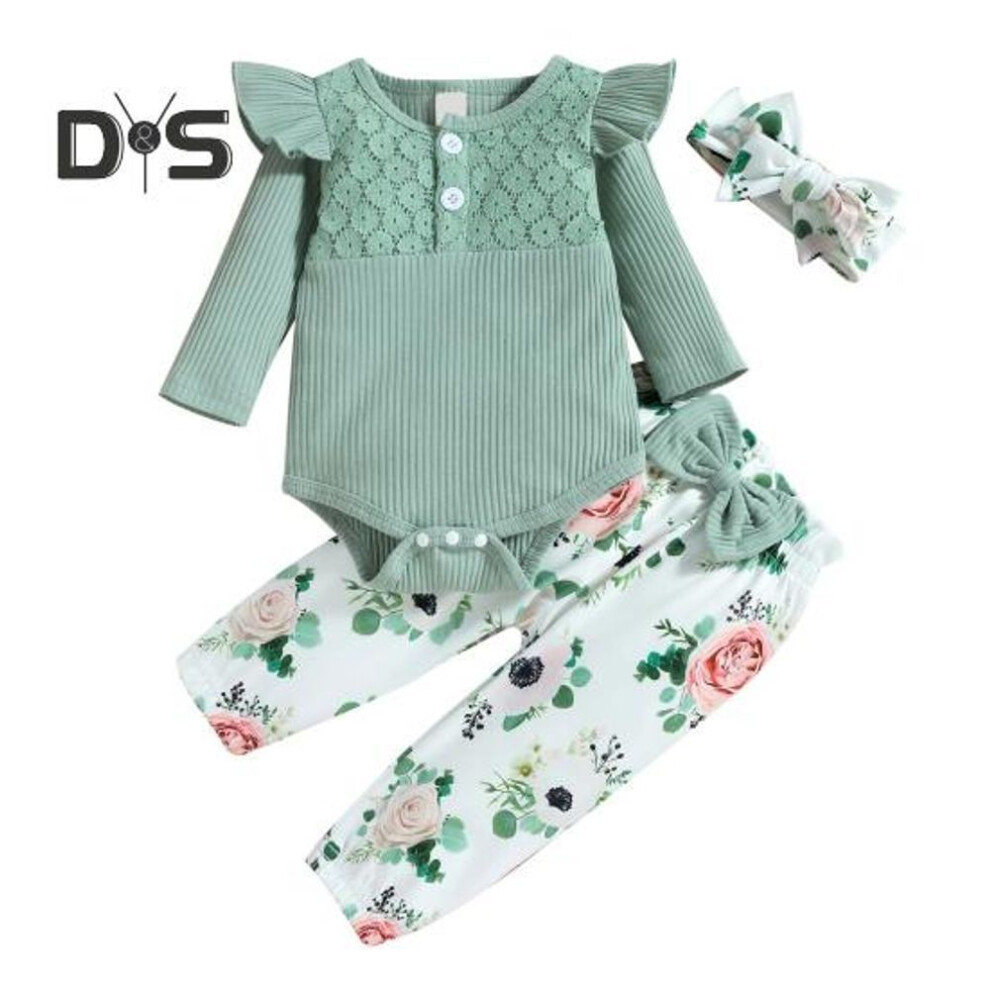 (light green, 90 cm) 3 Pcs/set Spring Fall Girls Suit With Headband Buttoned Crotch Long Sleeve Thread Ruffle Lace Bodysuit Bow Decor Flower Print Trousers Daily Outfit