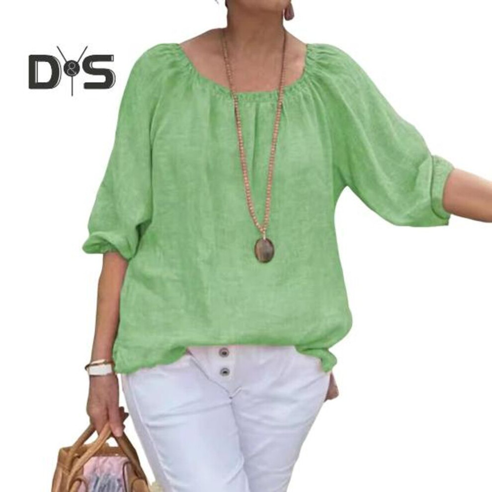 (S, green) Women Tops Round Neck Half Sleeve Loose Fit Casual Tops Solid Color Breathable Lightweight Tee Shirt