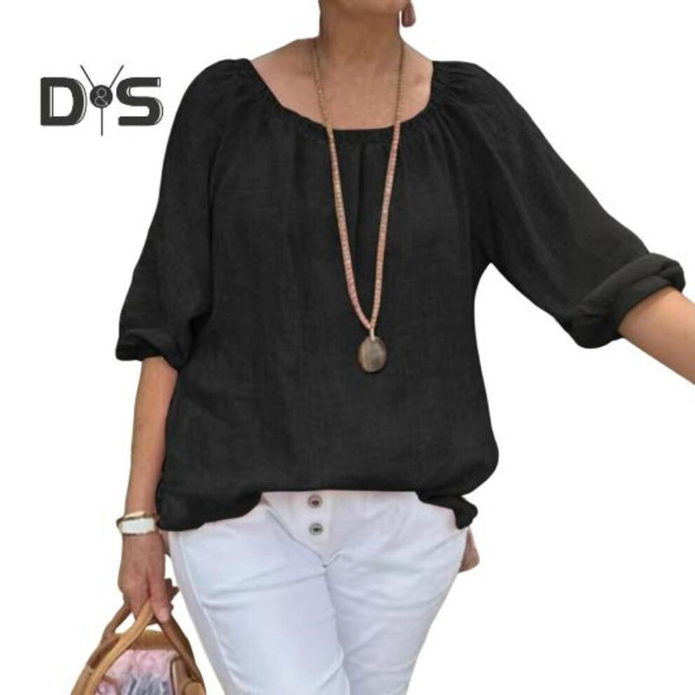 (L, black) Women Tops Round Neck Half Sleeve Loose Fit Casual Tops Solid Color Breathable Lightweight Tee Shirt