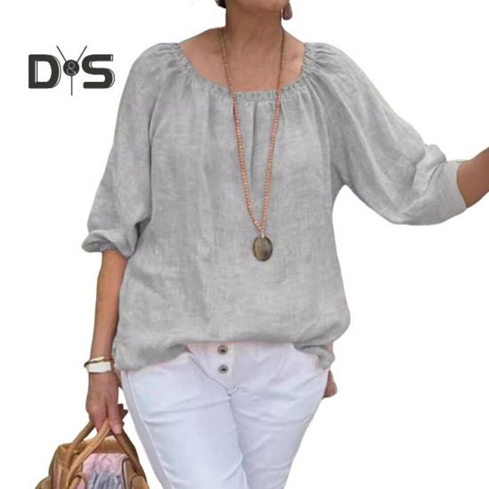 (M, light grey) Women Tops Round Neck Half Sleeve Loose Fit Casual Tops Solid Color Breathable Lightweight Tee Shirt