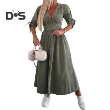 (green, XL) Women's Denim Long Dress V-Neck Short Sleeve Button Down Maxi Dress Casual Jean Dress for Spring Summer