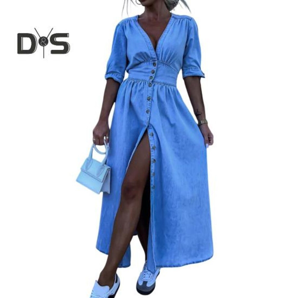 (blue, S) Women's Denim Long Dress V-Neck Short Sleeve Button Down Maxi Dress Casual Jean Dress for Spring Summer