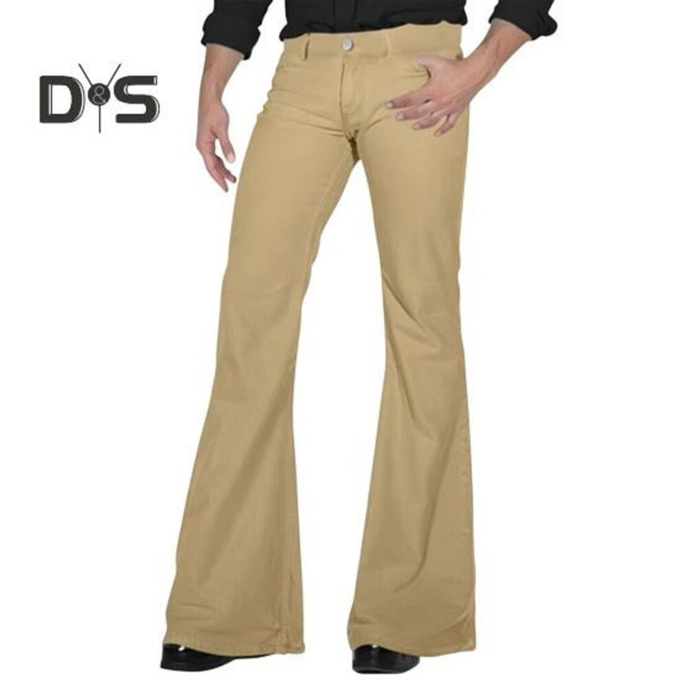 (khaki, S) Men Flared Pants With 4 Pockets Mid-rise Solid Color Button Zipper Fly Long Trousers Work Travel Leisure Wear
