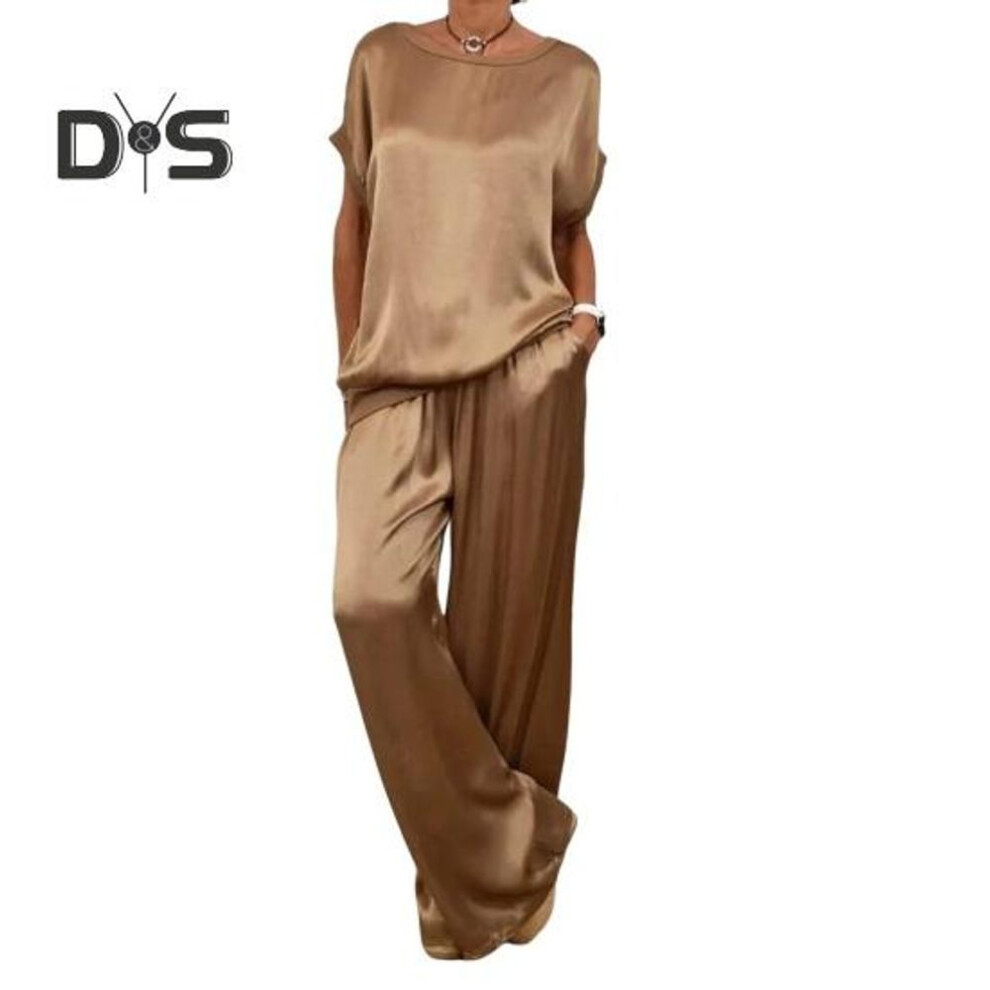 (khaki, XXXL) Women's Satin Silky Two-Piece Set Casual Crew Neck Short Sleeve Top Wide Leg Pants Set Loose Loungewear Outfit for Spring Summer