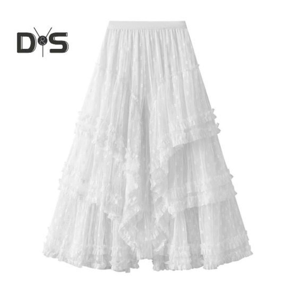 (white) Women Cake Skirt Elastic High Waist Splicing Asymmetric Jacquard Tulle Skirt Solid Color A-Line Long Skirt