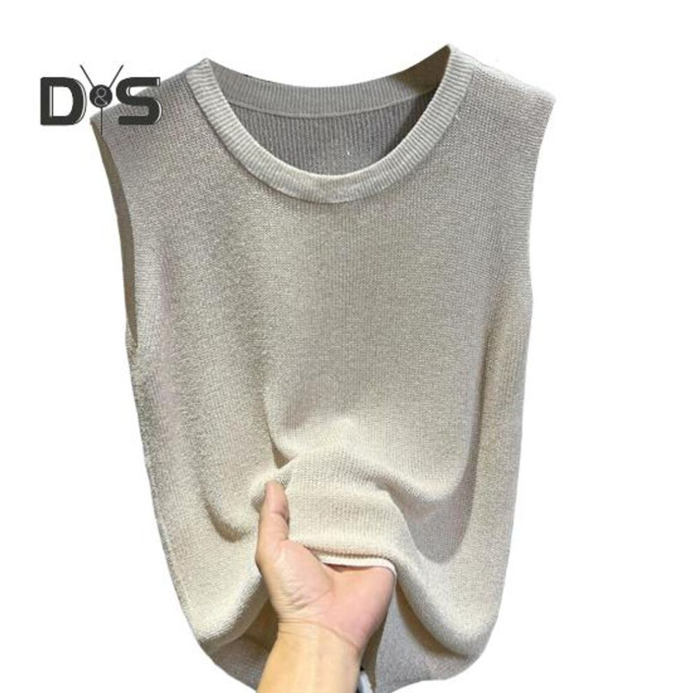 (apricot) Women Vest Tops Round Neck Sleeveless Solid Color Loose Fit Ice Silk Tank Tops Breathable Versatile Vest