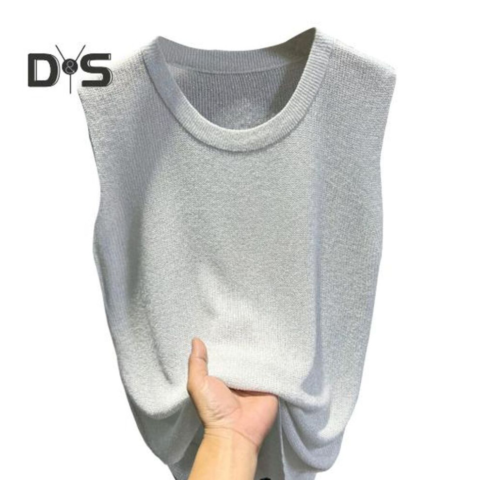 (white) Women Vest Tops Round Neck Sleeveless Solid Color Loose Fit Ice Silk Tank Tops Breathable Versatile Vest
