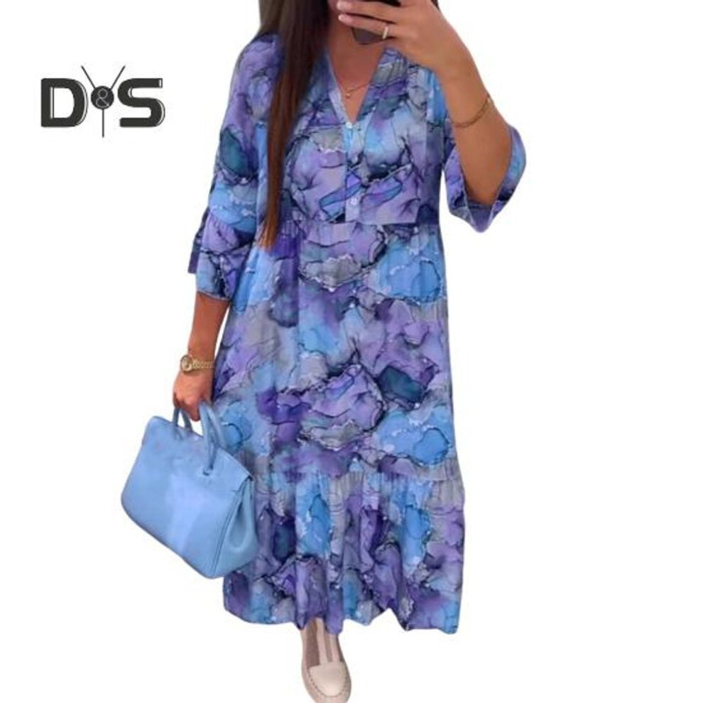 (blue, XXL) Women's Boho Floral Maxi Dress Summer Loose V-neck Midi Dress Casual Long Sleeve A-line Dress For Party Beach Vacation