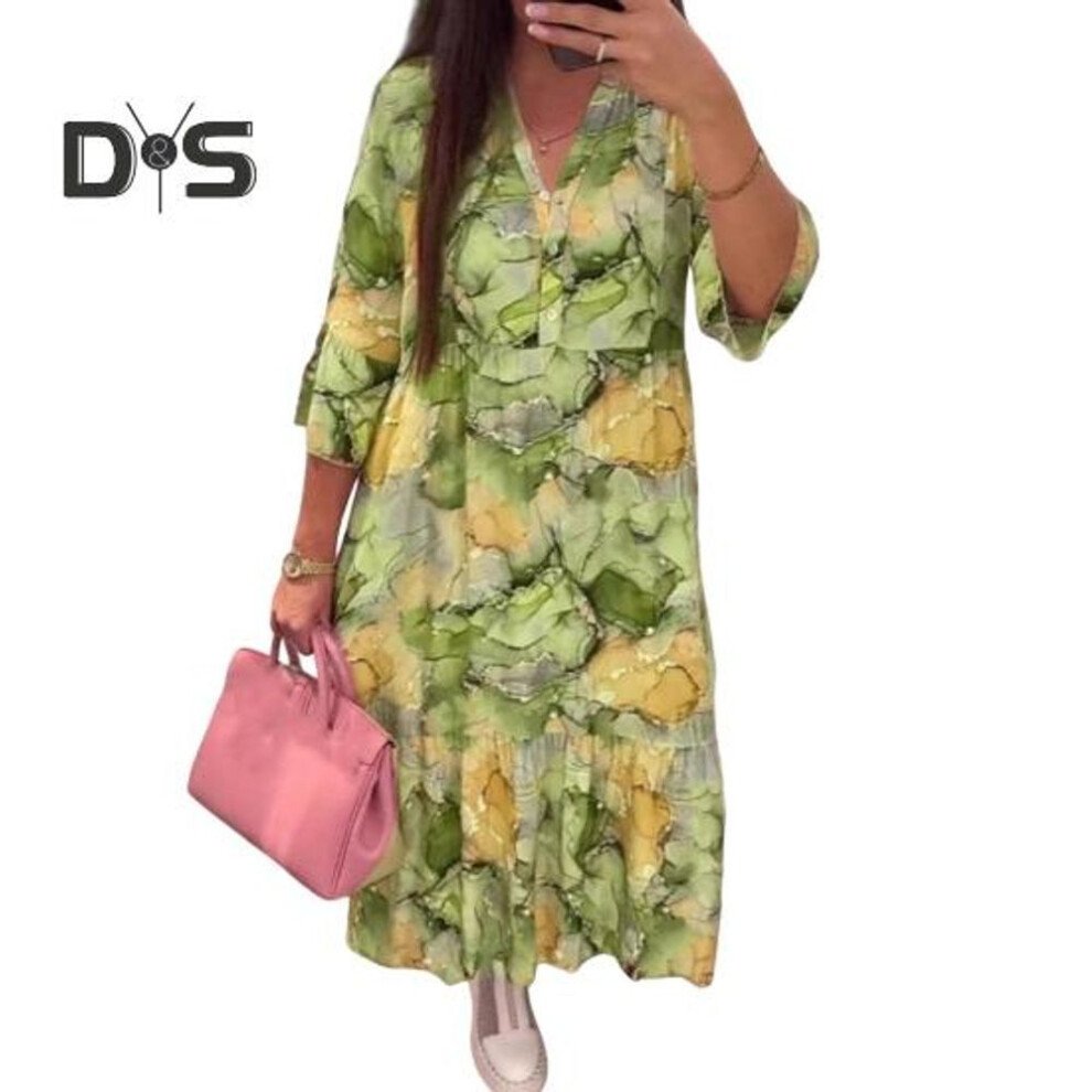 (green, XL) Women's Boho Floral Maxi Dress Summer Loose V-neck Midi Dress Casual Long Sleeve A-line Dress For Party Beach Vacation