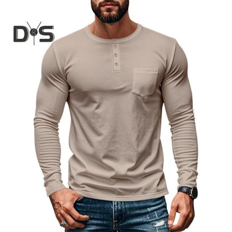 (khaki, XXL) Men's Crew Neck Tee Long Sleeve T-shirt With Chest Pocket Solid Color Casual Top For Daily Wear Work And Outdoor Activities