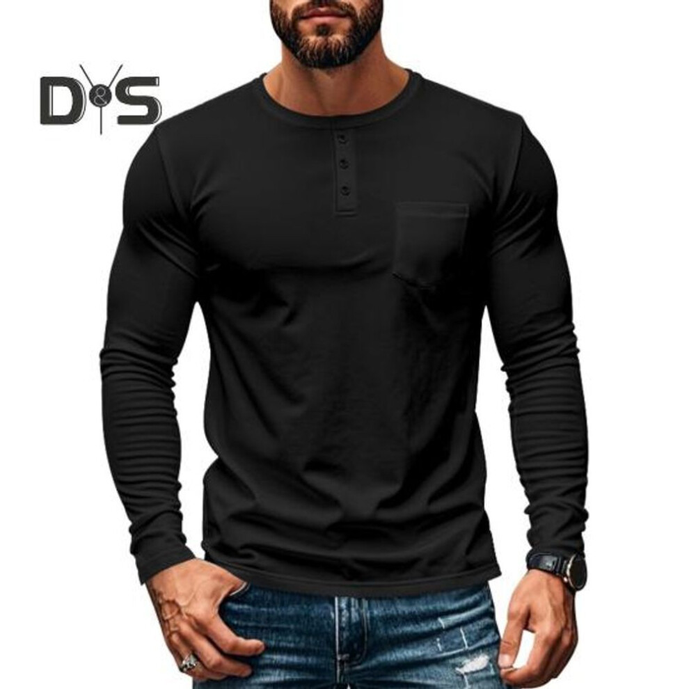 (black, XXXL) Men's Crew Neck Tee Long Sleeve T-shirt With Chest Pocket Solid Color Casual Top For Daily Wear Work And Outdoor Activities