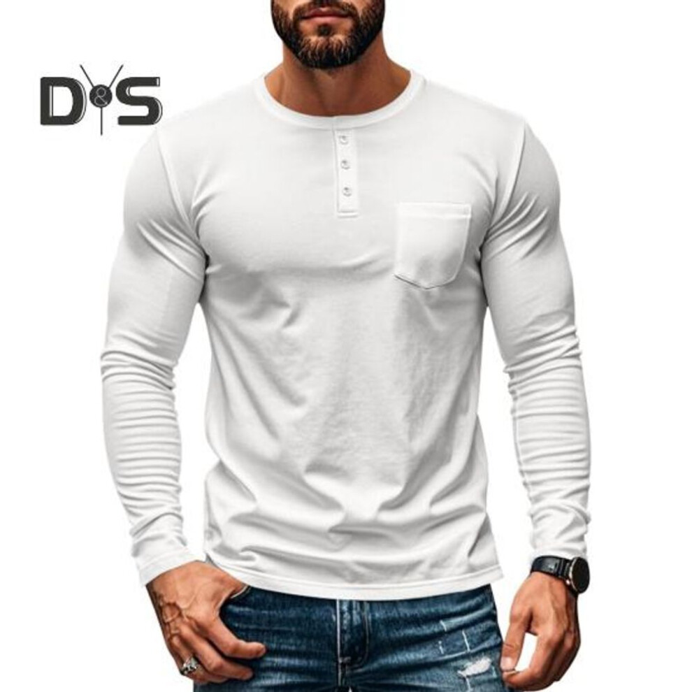 (white, M) Men's Crew Neck Tee Long Sleeve T-shirt With Chest Pocket Solid Color Casual Top For Daily Wear Work And Outdoor Activities