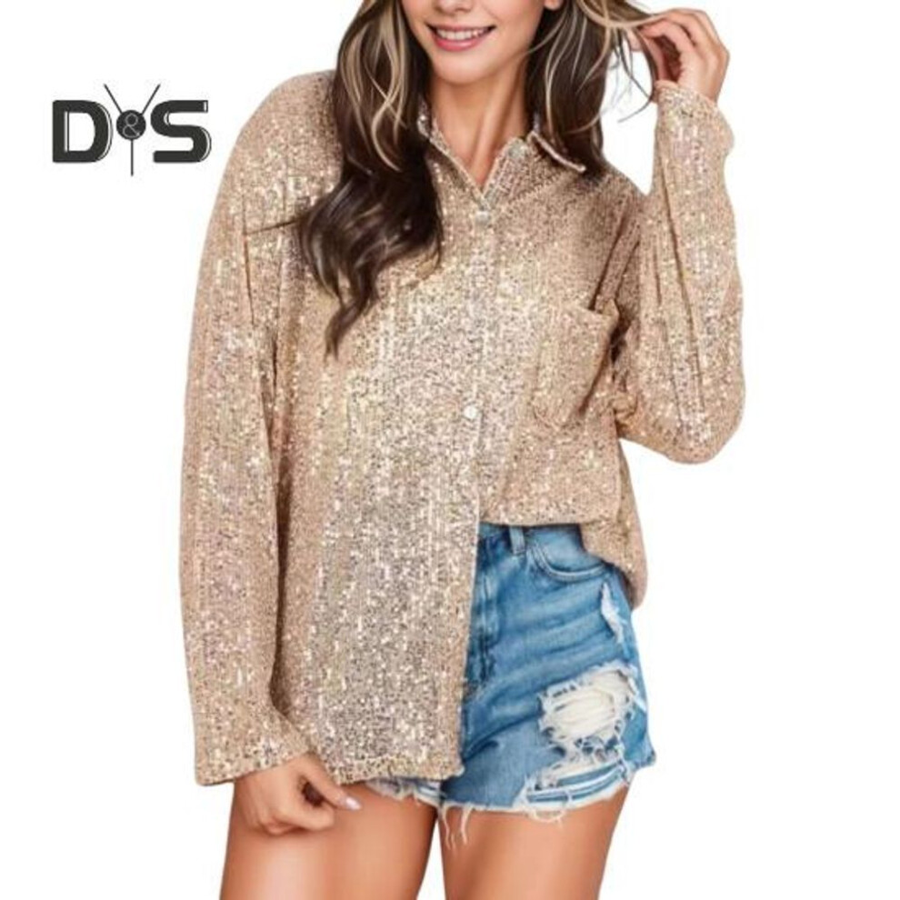 (L, champagne) Women Shirt Lapel Long Sleeve Shiny Sparkling Shirt Tops Solid Color Loose Fit Single Breasted Casual Shirt